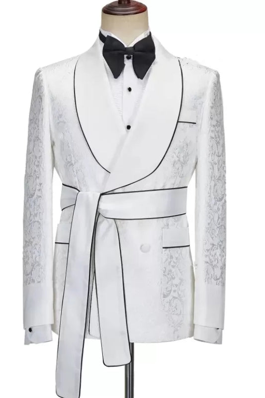 Elegant White Shawl Lapel Jacquard Wedding Suit