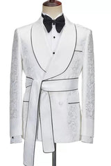 Elegant White Shawl Lapel Jacquard Wedding Suit