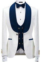 Elegant White Shawl Lapel Three-Piece Jacquard Suit for Weddings