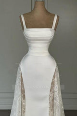 Elegant White Spaghetti Strap A-Line Sleeveless Satin Lace Floor-Length Simple Evening Dresses