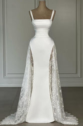 Elegant White Spaghetti Strap A-Line Sleeveless Satin Lace Floor-Length Simple Evening Dresses