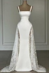 Elegant White Spaghetti Strap A-Line Sleeveless Satin Lace Floor-Length Simple Evening Dresses