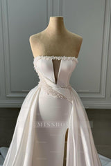 Elegant White Strapless Sleeveless Beaded Panel Train Ruffle Long Satin Wedding Dresses With Slit