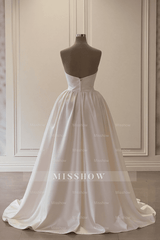 Elegant White Strapless Sleeveless Beaded Panel Train Ruffle Long Satin Wedding Dresses With Slit