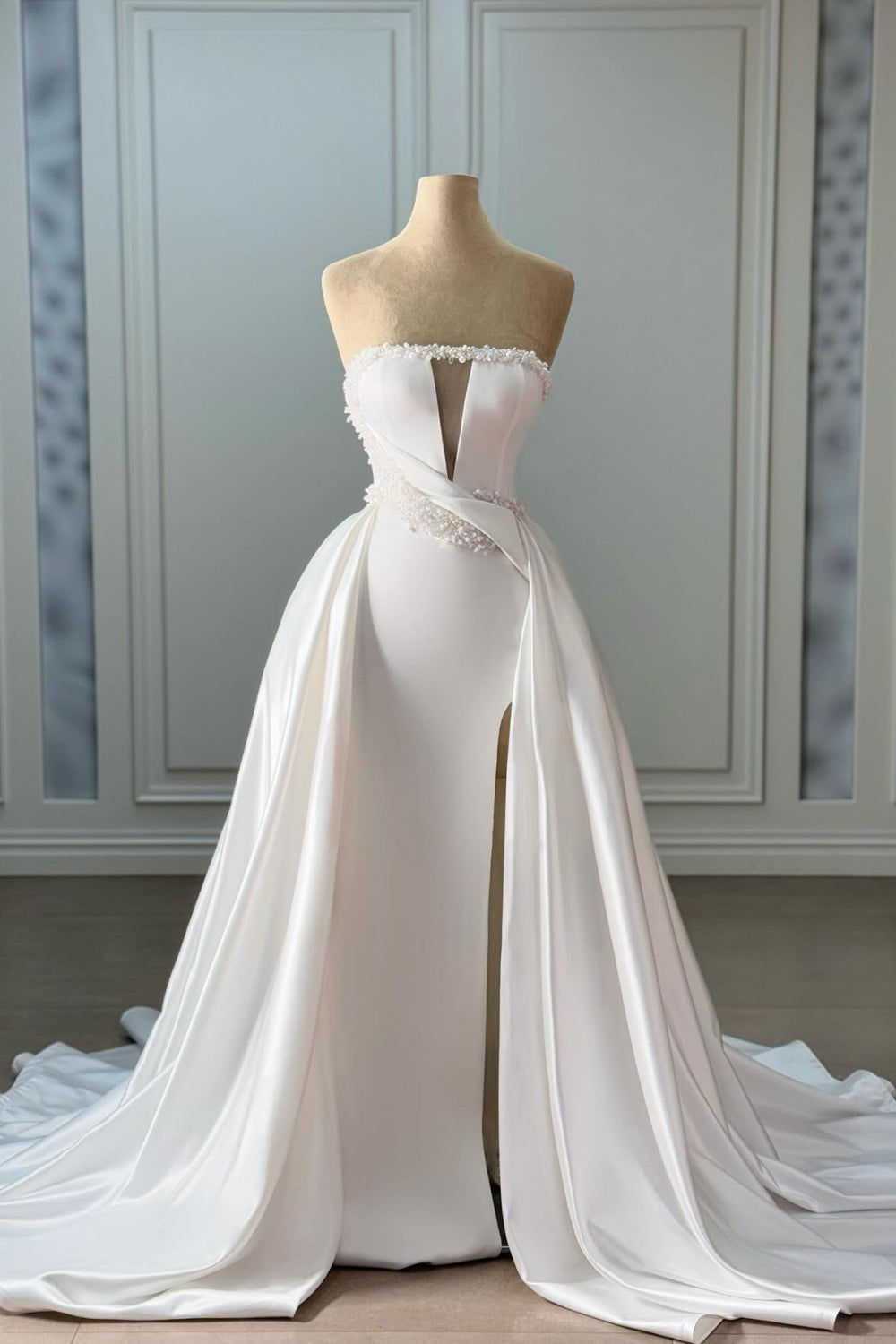 Elegant White Strapless Sleeveless Beaded Panel Train Ruffle Long Satin Wedding Dresses With Slit