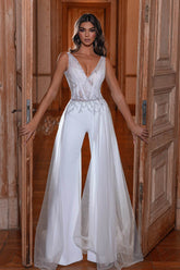 Elegant White Straps V Neck Mermaid Split Formal Dress With Beads