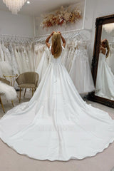 Elegant White Sweetheart A-Line Spaghetti Strap Sleeveless Cathedral Train Satin Simple Wedding Dresses