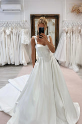 Elegant White Sweetheart A-Line Spaghetti Strap Sleeveless Cathedral Train Satin Simple Wedding Dresses