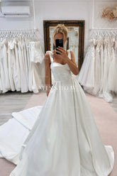 Elegant White Sweetheart A-Line Spaghetti Strap Sleeveless Cathedral Train Satin Simple Wedding Dresses