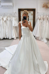 Elegant White Sweetheart A-Line Spaghetti Strap Sleeveless Cathedral Train Satin Simple Wedding Dresses