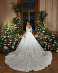Elegant White Sweetheart Ball Gown Off-The-Shoulder Long Sleeves Cathedral Train Lace Wedding Dresses With Sequins