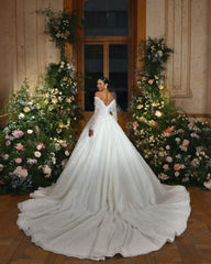 Elegant White Sweetheart Ball Gown Off-The-Shoulder Long Sleeves Cathedral Train Lace Wedding Dresses With Sequins