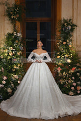 Elegant White Sweetheart Ball Gown Off-The-Shoulder Long Sleeves Cathedral Train Lace Wedding Dresses With Sequins