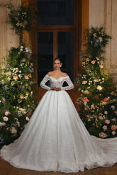 Elegant White Sweetheart Ball Gown Off-The-Shoulder Long Sleeves Cathedral Train Lace Wedding Dresses With Sequins