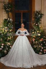 Elegant White Sweetheart Ball Gown Off-The-Shoulder Long Sleeves Cathedral Train Lace Wedding Dresses With Sequins