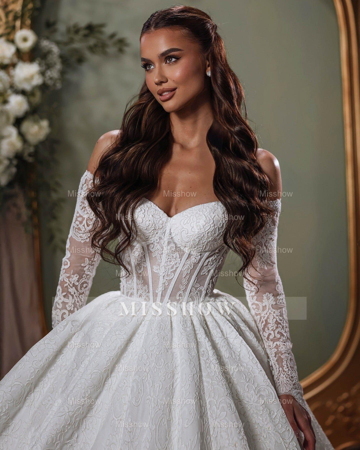Elegant White Sweetheart Off-The-Shoulder Long Sleeves Ball Gown Cathedral Train Lace Wedding Dresses