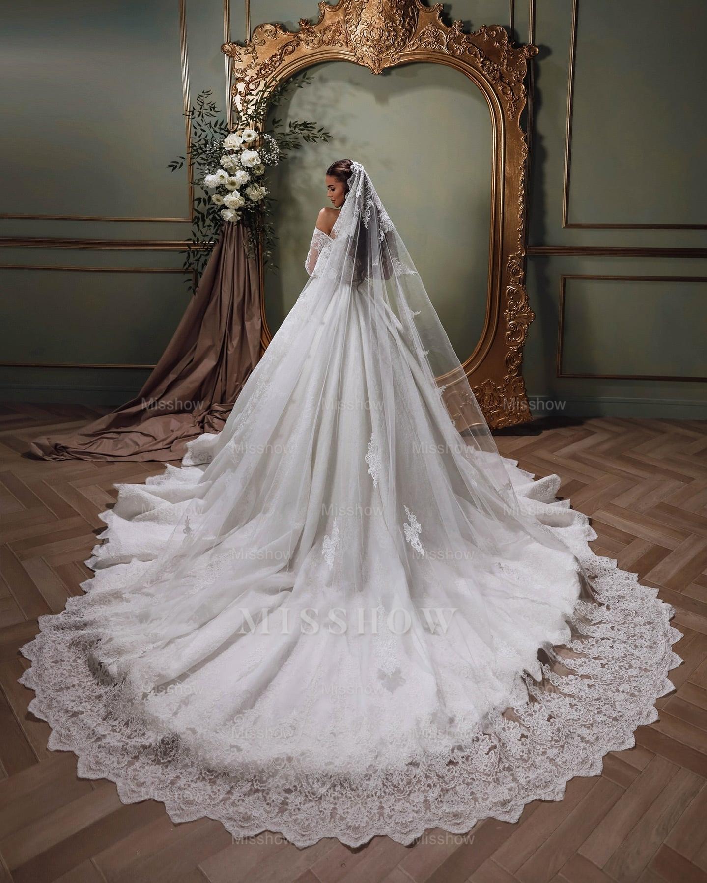 Elegant White Sweetheart Off-The-Shoulder Long Sleeves Ball Gown Cathedral Train Lace Wedding Dresses