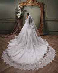 Elegant White Sweetheart Off-The-Shoulder Long Sleeves Ball Gown Cathedral Train Lace Wedding Dresses