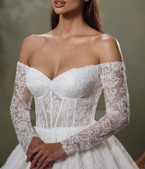 Elegant White Sweetheart Off-The-Shoulder Long Sleeves Ball Gown Cathedral Train Lace Wedding Dresses