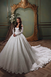 Elegant White Sweetheart Off-The-Shoulder Long Sleeves Ball Gown Cathedral Train Lace Wedding Dresses