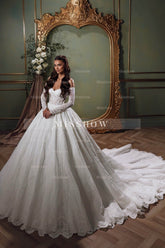 Elegant White Sweetheart Off-The-Shoulder Long Sleeves Ball Gown Cathedral Train Lace Wedding Dresses