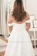 Elegant White Sweetheart V-neck Off-The-Shoulder A-Line Sleeveless Sweep Train Satin Wedding Dresses