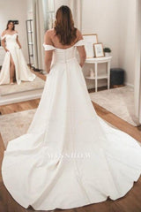 Elegant White Sweetheart V-neck Off-The-Shoulder A-Line Sleeveless Sweep Train Satin Wedding Dresses