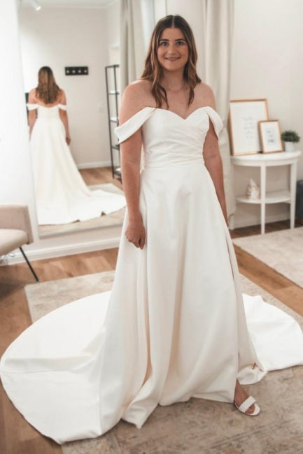 Elegant White Sweetheart V-neck Off-The-Shoulder A-Line Sleeveless Sweep Train Satin Wedding Dresses