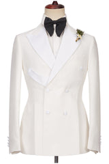 Elegant White Two-Piece Peaked Lapel Double Breasted Wedding Suit