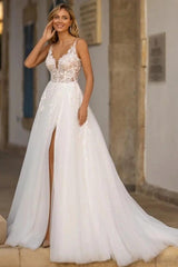 Elegant White V-Neck A-Line Wedding Dress with Appliques and Detachable Coat