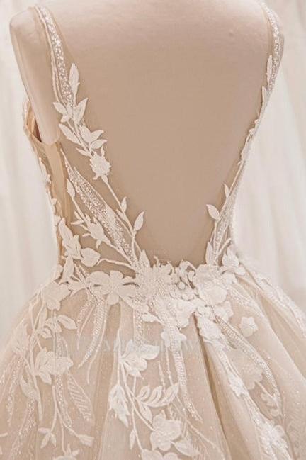 Elegant White V-Neck Spaghetti Strap Ball Gown Sleeveless Tulle Wedding Dresses With Appliques