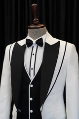 Elegant White and Black Peaked Lapel Three-Piece Wedding Suit