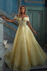 Elegant Yellow Off-the-shoulder Sleeveless A-Line Floor-Length Tulle Prom Evening Dresses