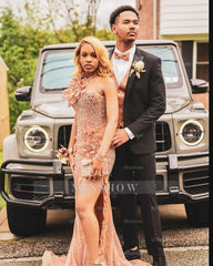 Embellished Long Pearl Pink One Shoulder Sleeveless Mermaid Beaded Prom Dress with Slit and 3D Flowers