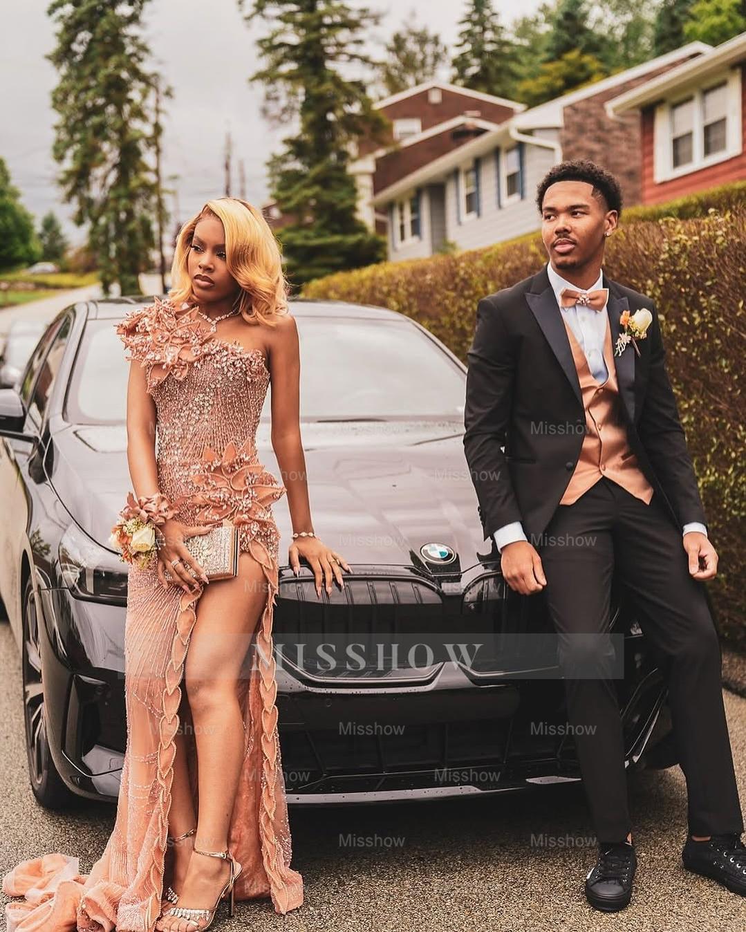 Embellished Long Pearl Pink One Shoulder Sleeveless Mermaid Beaded Prom Dress with Slit and 3D Flowers