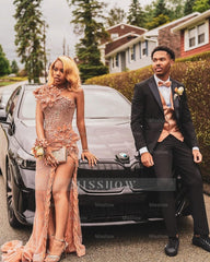 Embellished Long Pearl Pink One Shoulder Sleeveless Mermaid Beaded Prom Dress with Slit and 3D Flowers