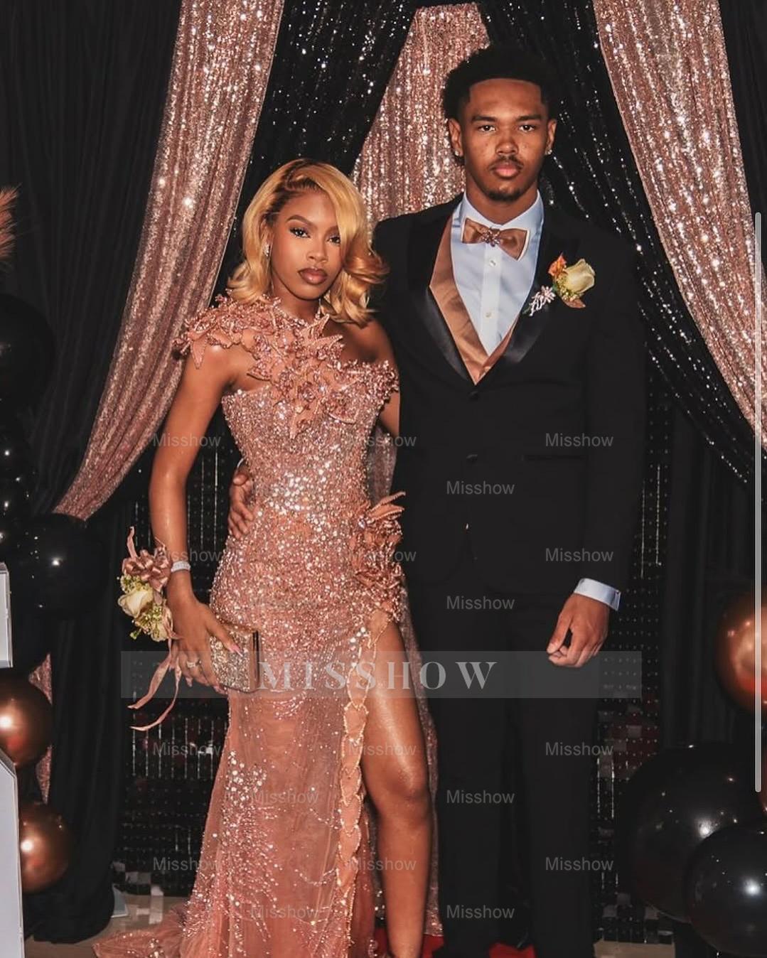 Embellished Long Pearl Pink One Shoulder Sleeveless Mermaid Beaded Prom Dress with Slit and 3D Flowers