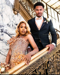 Embellished Long Pearl Pink One Shoulder Sleeveless Mermaid Beaded Prom Dress with Slit and 3D Flowers