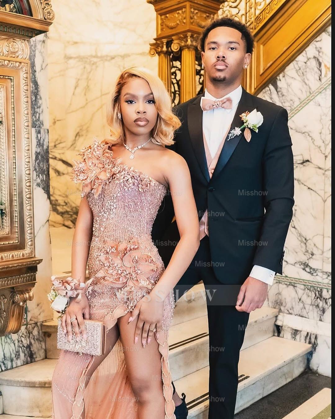 Embellished Long Pearl Pink One Shoulder Sleeveless Mermaid Beaded Prom Dress with Slit and 3D Flowers