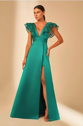 Emerald Green Deep V-Neck Pleated Cap Sleeve A-Line Satin Front Split Formal Evening Dress