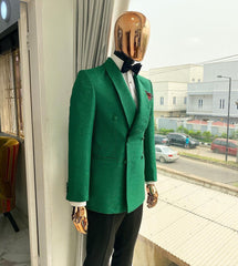 Emerald Green Double Breasted Shawl Lapel Floral Pattern Jacquard Tuxedo Suit