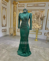 Emerald Green High Neck Long Sleeve Beaded Mermaid Satin Floor Length Formal Evening Gown