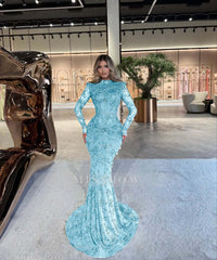 Emerald Green High Neck Long Sleeve Mermaid Lace Beaded Floor Length Formal Evening Gown