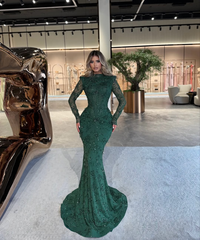 Emerald Green High Neck Long Sleeve Mermaid Lace Beaded Floor Length Formal Evening Gown