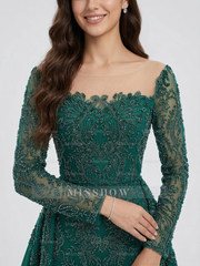 Emerald Green Long Sleeve Beaded Evening Dress with Dramatic Overskirt