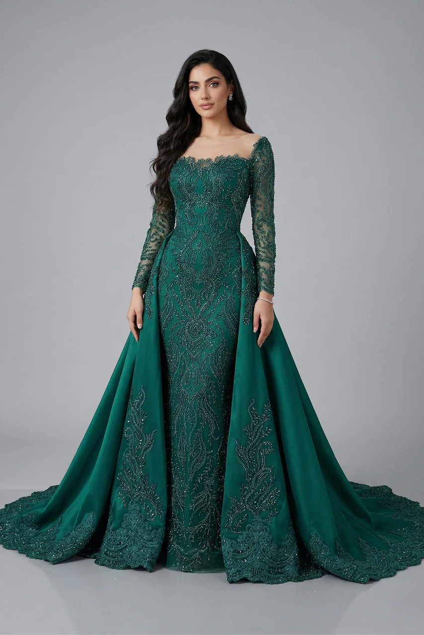 Emerald Green Long Sleeve Beaded Evening Dress with Dramatic Overskirt misshow.com Emerald Green Long Sleeve Beaded Evening Dress with Dramatic Overskirt misshow.com