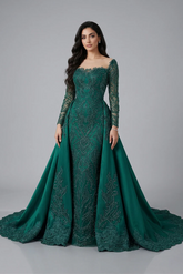 Emerald Green Long Sleeve Beaded Evening Dress with Dramatic Overskirt