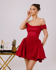 Emerald Green Off-Shoulder A-Line Mini Cocktail Dress Satin Corset Tiered Skirt