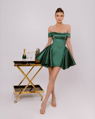 Emerald Green Off-Shoulder A-Line Mini Cocktail Dress Satin Corset Tiered Skirt