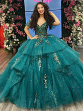 Emerald Green Off-the-Shoulder Sleeveless Gold Applique Ball Gown Quinceanera Dress